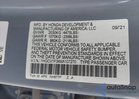 2021 Honda Accord Sport z USA, uszkodzony, nr VIN 1HGCV1F34MA107270